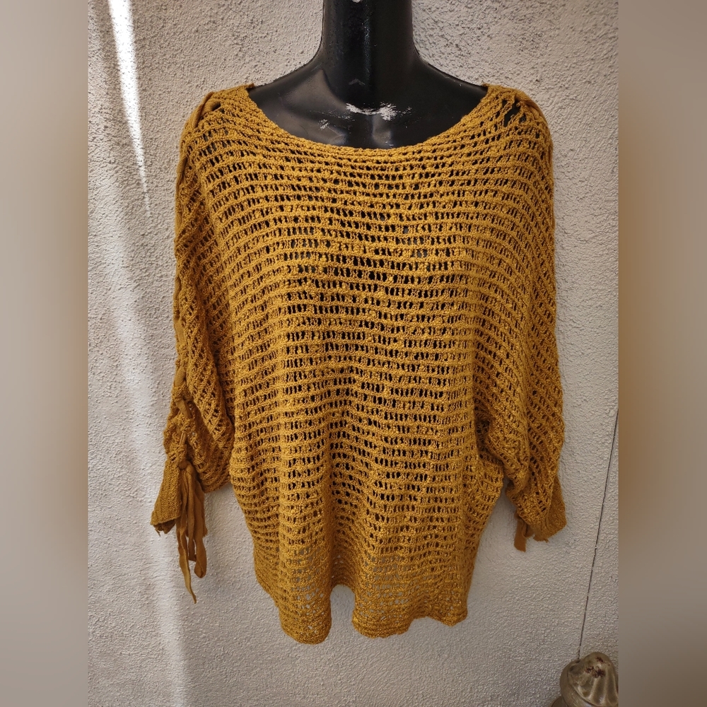 Dreamers Boho Mustard Yellow Open-Knit Slouchy Batwing Sweater FairyGrunge Small